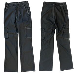 The Kript Black Faux Leather Vinyl Wide Leg Cargo Pants White Stitching Size XS